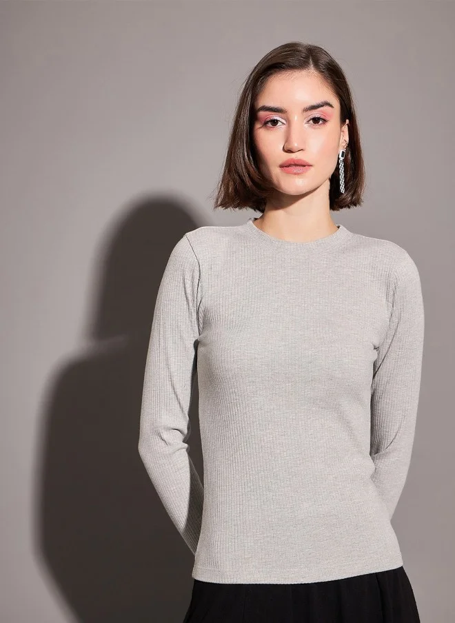 SASSAFRAS Grey Long Sleeves Fitted Top for Women