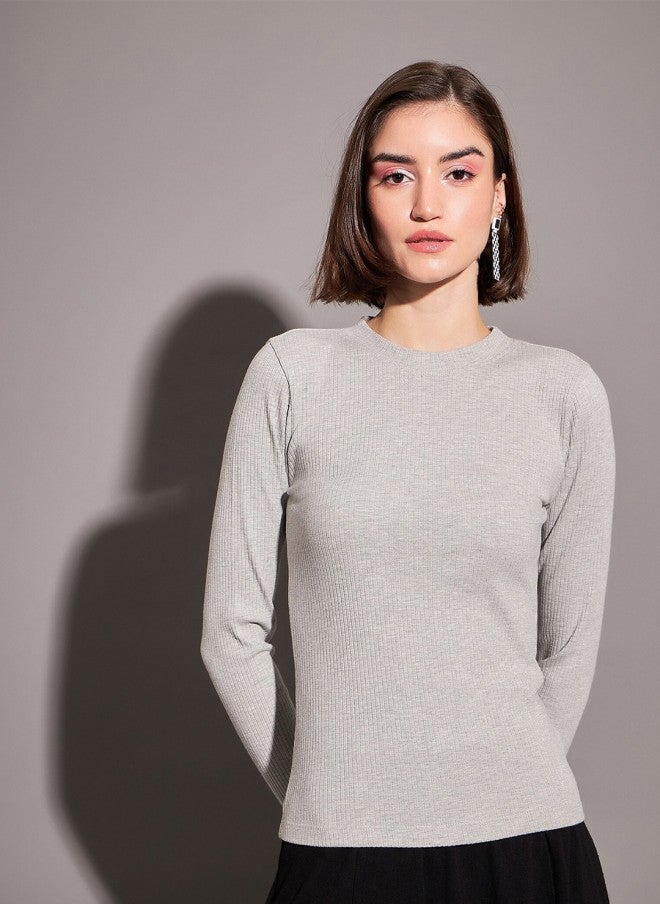 ساسافراس بلوزة نسائية رمادية بأكمام طويلة ضيقة - Image 1