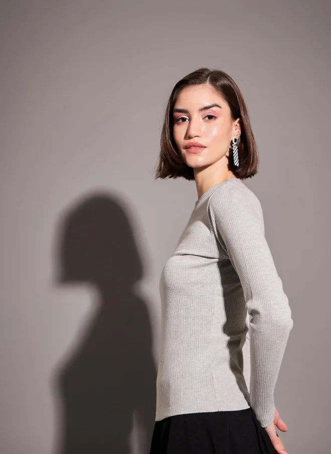SASSAFRAS Grey Long Sleeves Fitted Top for Women