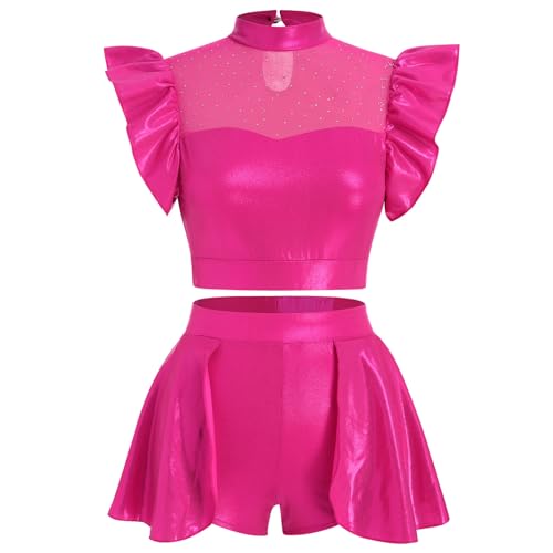 IBAKOM Metallic Dance Dress with Ruffle Sleeve Crop Top Mini Skirt Adult Lyrical Dance Costume Hot Pink XL - Image 1