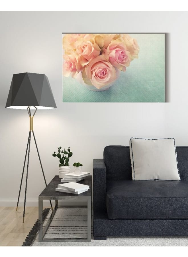 هوم جاليري لوحة فنية جدارية من القماش، صورة تجريدية مؤطرة لورود بيضاء في مزهرية، 120×80 سم - Image 1