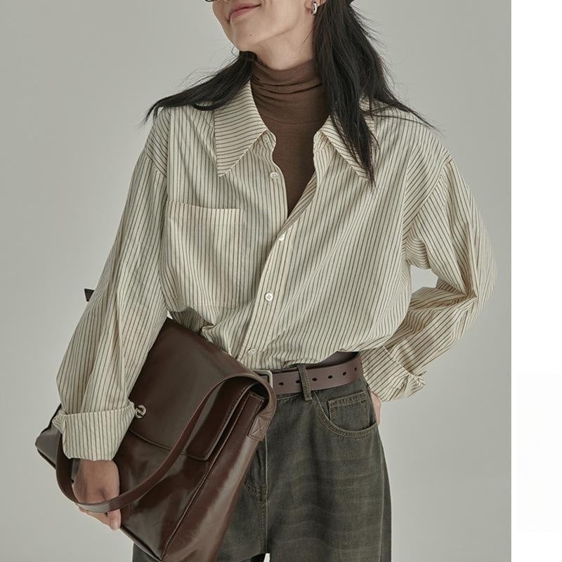 Autumn 2023 New Blue Striped Loose Dressing Shirt Womens All-match Casual Elegant Single-breasted Top Cloud Rice stripes