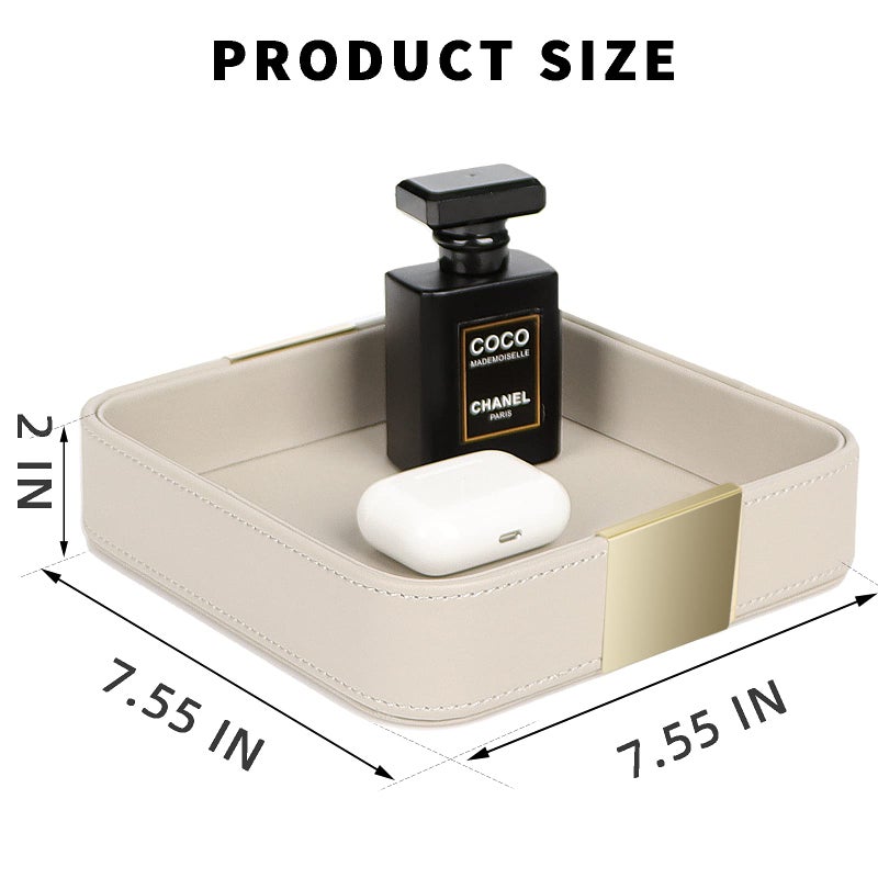 SANZIE Luxury Leather Desktop Storage Small Catchall Organizer Decorative Tray for Entryway Table to Hold Jewelry Watch Cosmetics Keys Phone Wallet, Home & Office Accessories (Metal Glided, Grey) - Image 4