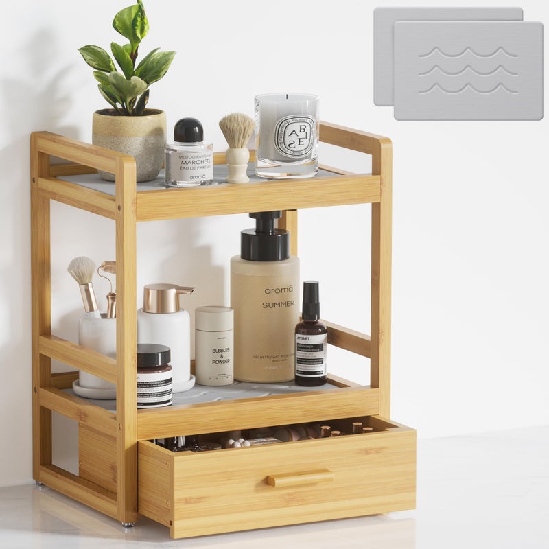 Kcrystenia Bamboo Bathroom Organizer Countertop, 2 Tier Vanity Organizer with Drawer for Skincare & Makeup, Countertop Storage with Stone Drying Mat for Coffee Bar, Kitchen, Matcha Station - Image 1