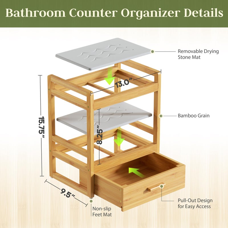 Kcrystenia Bamboo Bathroom Organizer Countertop, 2 Tier Vanity Organizer with Drawer for Skincare & Makeup, Countertop Storage with Stone Drying Mat for Coffee Bar, Kitchen, Matcha Station - Image 2
