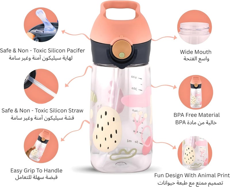 برين جيجلز زجاجة مياه للأطفال وردية 480 مل خالية من BPA مع مصاصة ومقبض، مانعة للتسرب، للمدرسة، للأطفال الصغار - Image 1
