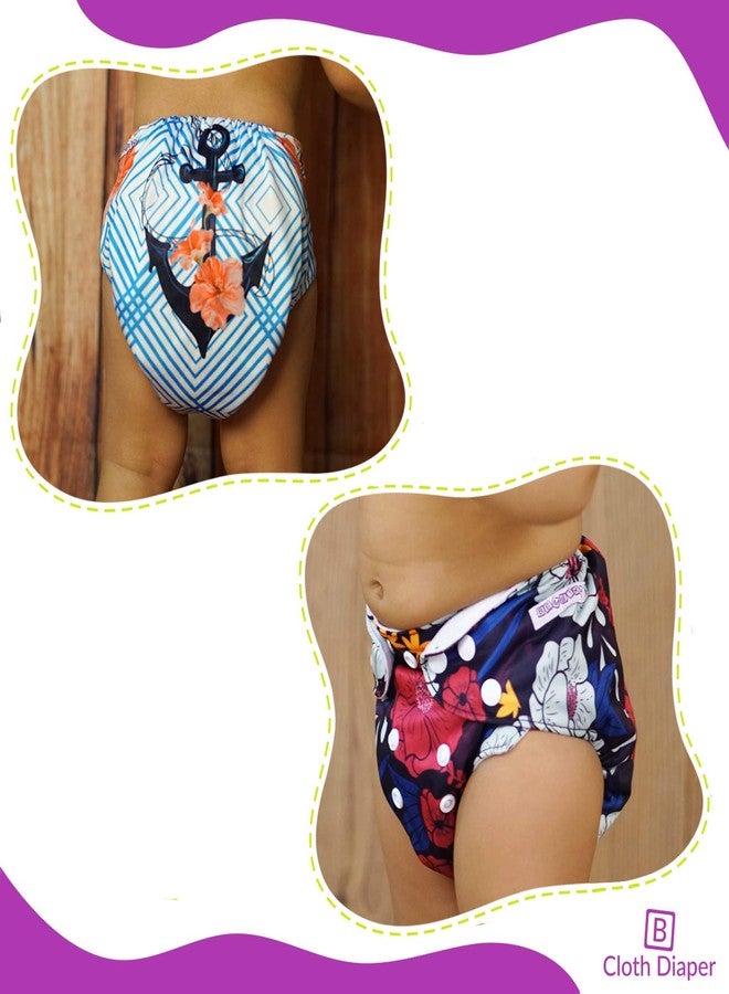 Bembika Cloth Diapers for Babies, Washable Reusable, Adjustable Sizes (2 Combo) (2 Dry Feel Inserts Included) (Floral + Anchor) - Image 4