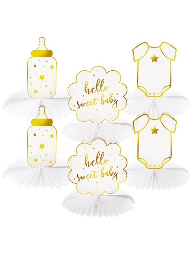Sparkle and Bash Hello Sweet Baby Table Centerpieces, Honeycomb Gender Neutral Baby Shower Decorations (White Gold Foil, 6 Pack, 3 Designs) - Image 1