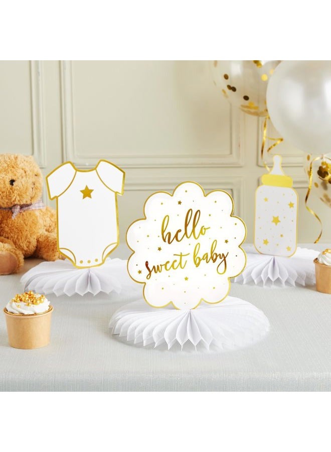 Sparkle and Bash Hello Sweet Baby Table Centerpieces, Honeycomb Gender Neutral Baby Shower Decorations (White Gold Foil, 6 Pack, 3 Designs) - Image 2
