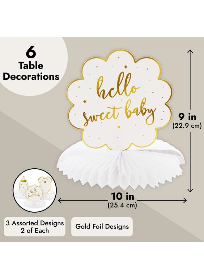 Sparkle and Bash Hello Sweet Baby Table Centerpieces, Honeycomb Gender Neutral Baby Shower Decorations (White Gold Foil, 6 Pack, 3 Designs) - Image 4