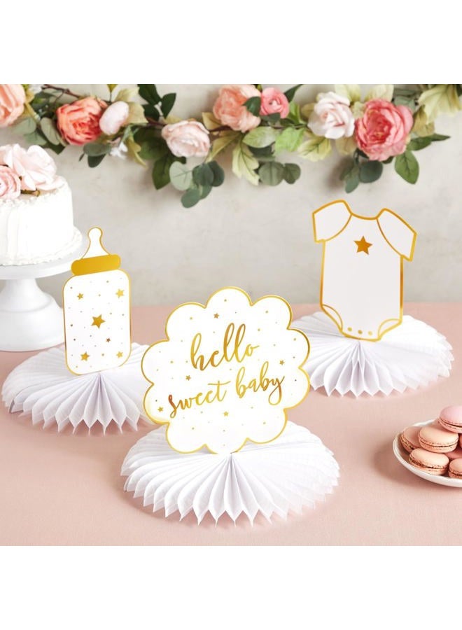 Sparkle and Bash Hello Sweet Baby Table Centerpieces, Honeycomb Gender Neutral Baby Shower Decorations (White Gold Foil, 6 Pack, 3 Designs) - Image 3