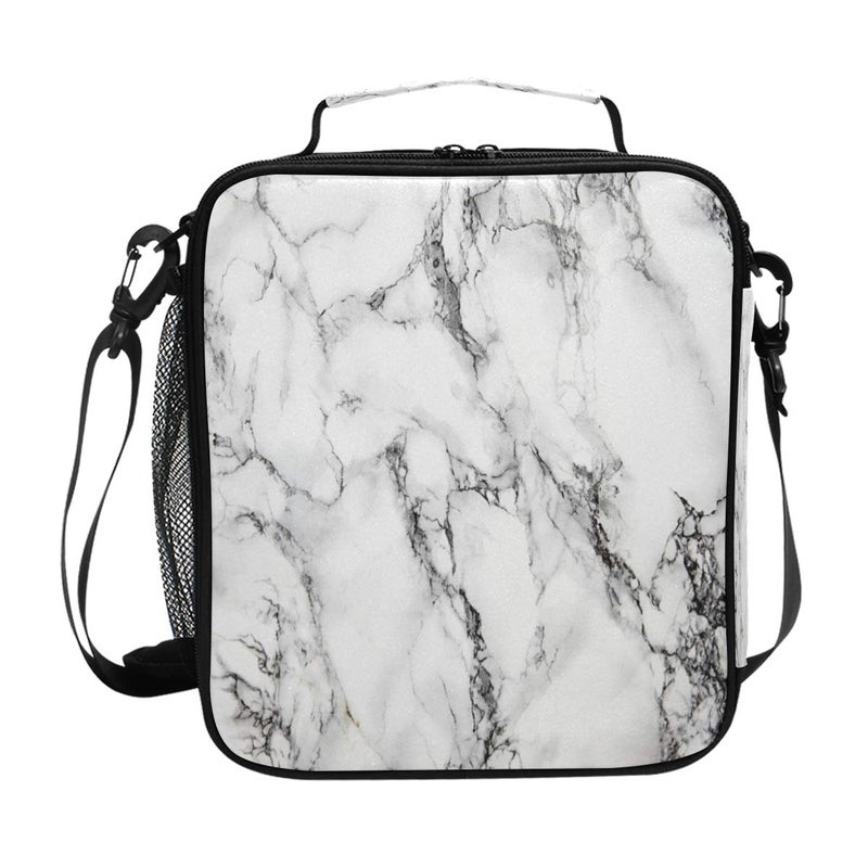 ZOEO Marble Lunch Box for Women White Marble Stone Teens Girls Cooler Insulated Lunch Bag Tote Freezable Shoulder Strap Waterproof Picnic Meal for School Office