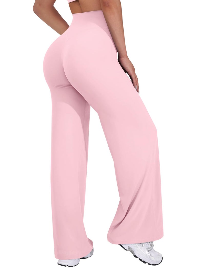 VOYJOY Straight Leggings Bottoms Wide Leg Pants for Women 29"/ 31.5"/33"/35" High Waist Stretch Casual Sweatpants Light Pink - Image 1