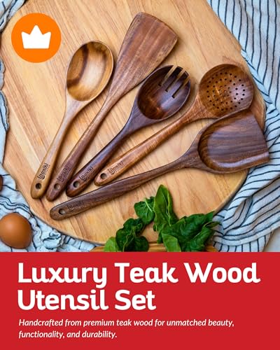 Boxiki Kitchen Luxury Teak Wood Utensil Set Elegant 6Piece Cooking Ensemble Including Spoons Server Scraper Spatula Expertly Crafted for Culinary Excellence - Image 3