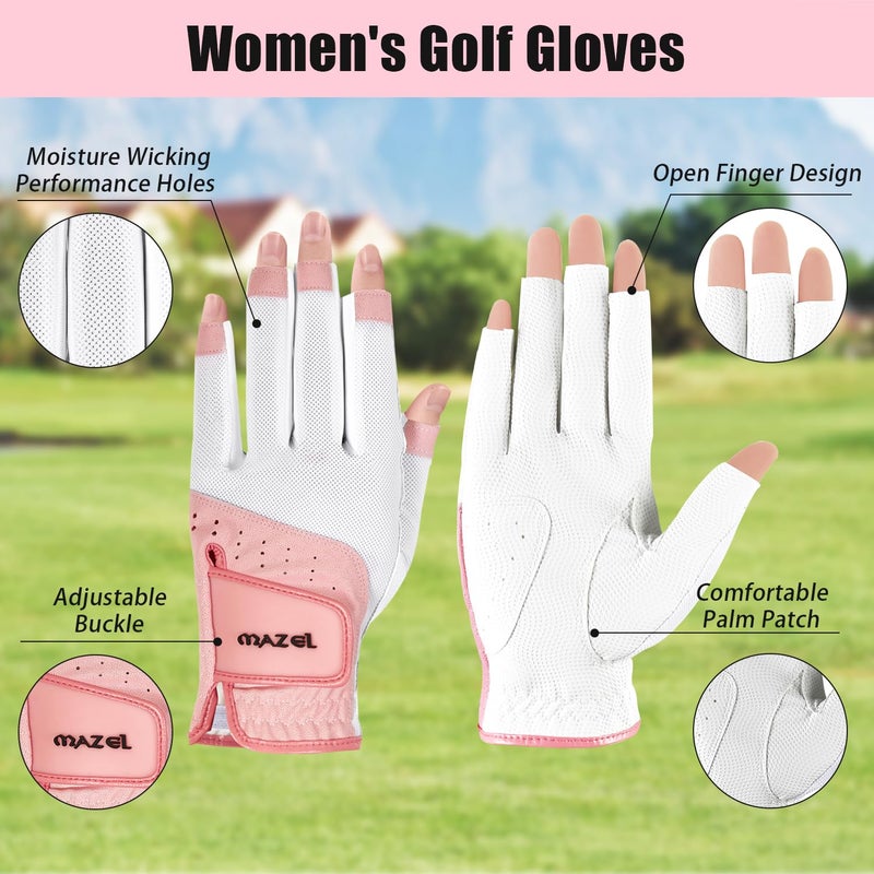 MAZEL Women's Golf Gloves One Pair Open-Finger Design,Breathable Hot Wet Weather Sweat-Absorbing,Fit Size S M L XL (Pink, Medium) - Image 2