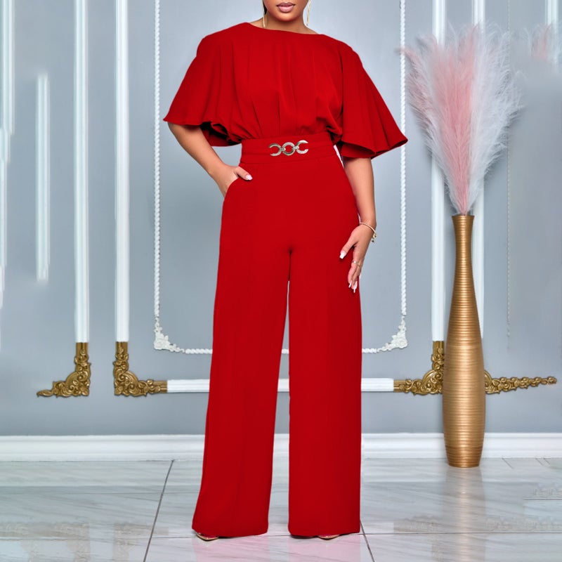 Summer Fashion Round Neck Solid High-Waist Plus-Size Jumpsuit Royal Blue - Image 5