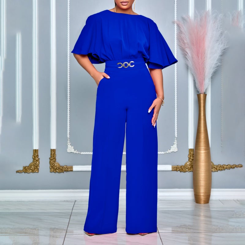 Summer Fashion Round Neck Solid High-Waist Plus-Size Jumpsuit Royal Blue - Image 4