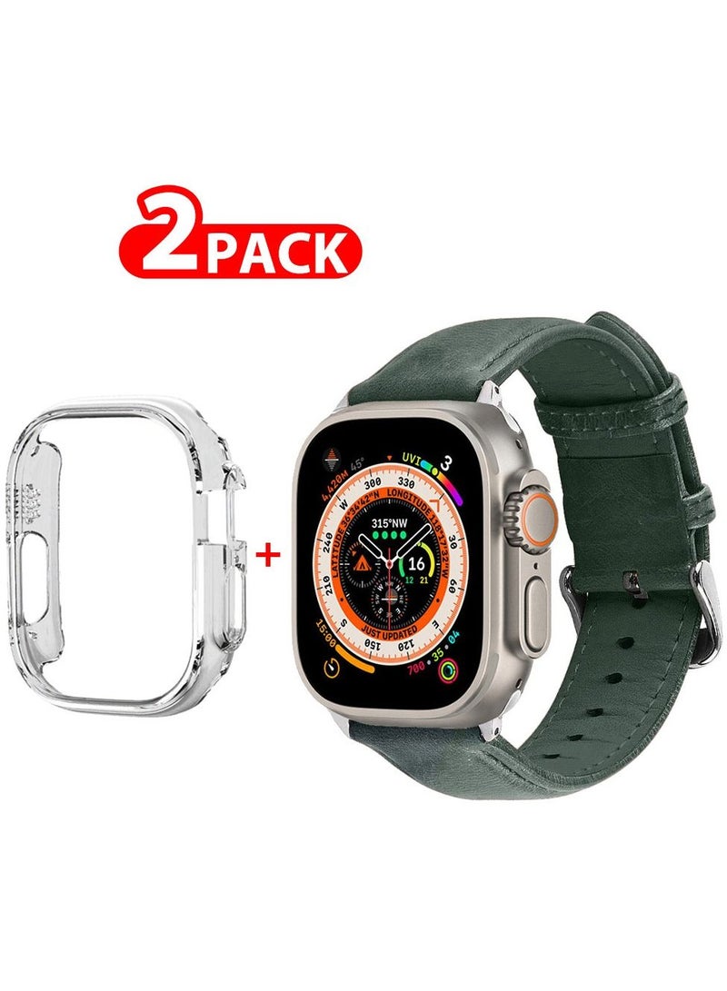 CATANES 2 Packs For Apple Watch Band 49mm Leather Band Buckle Strap Wristband and Clear Case Holder Dark Green - Image 1