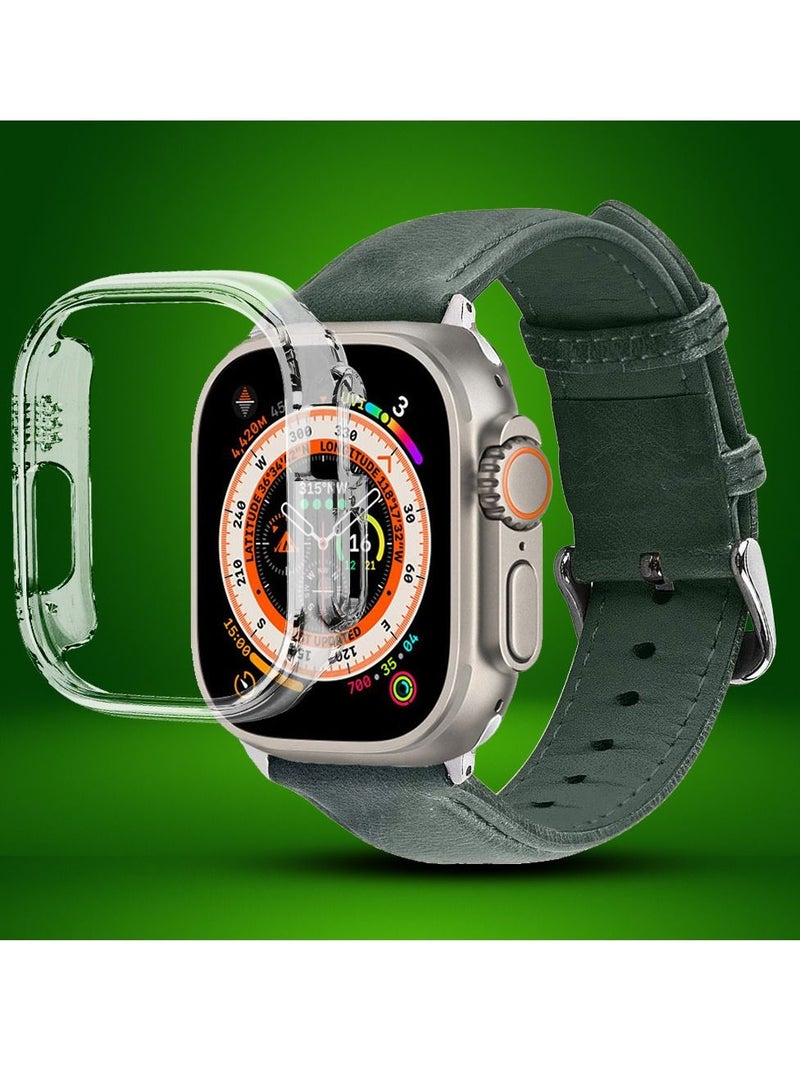 CATANES 2 Packs For Apple Watch Band 49mm Leather Band Buckle Strap Wristband and Clear Case Holder Dark Green - Image 2