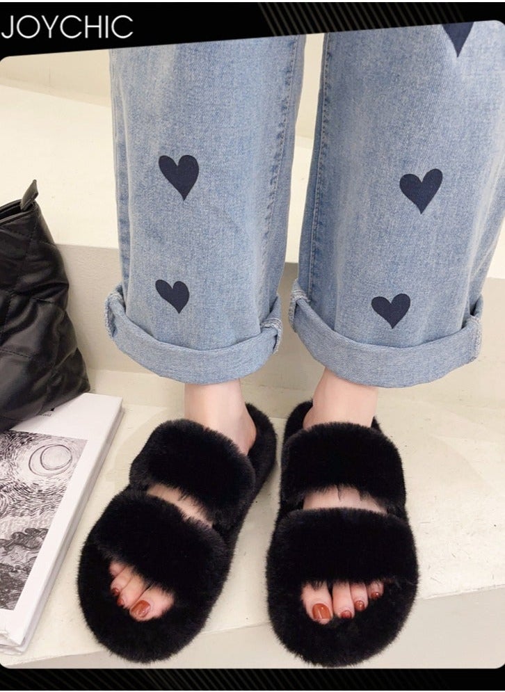 NIBEMINENT Stylish Women Faux Fur Open Toe Flat Indoor Slippers Autumn and Winter Warm Household Bedroom Comsoft Black  - Image 1