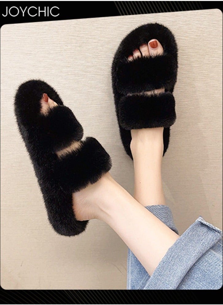 NIBEMINENT Stylish Women Faux Fur Open Toe Flat Indoor Slippers Autumn and Winter Warm Household Bedroom Comsoft Black  - Image 2