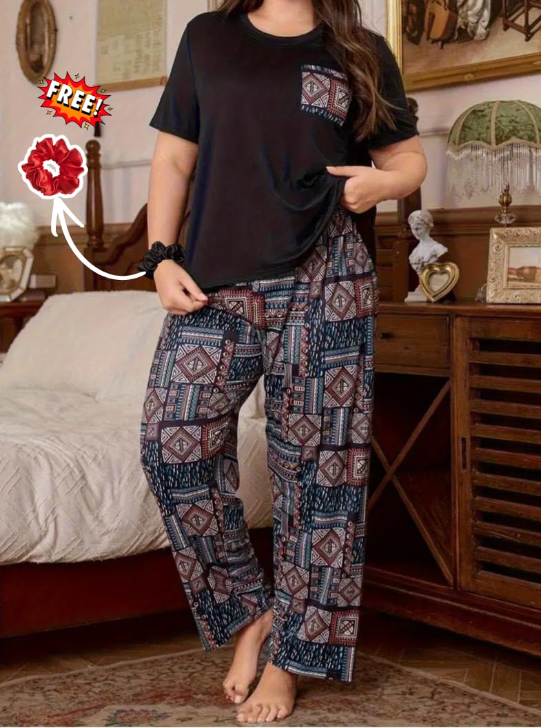 Celary Women’s Cotton Blend Printed Night Suit Set - Soft & Breathable Short Sleeve Top & Ethnic Print Pyjama Set - Image 3