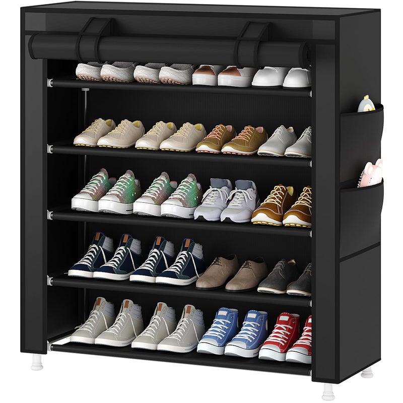 Laiensia 5-Tier Vertical Shoe Rack Organizer, Space Saving Shoe Storage Organizer, Non-Woven Cover Shoe Shelf Holds 20-25 Pairs for Bedroom, Hallway, Closet Entryway, Black - Image 1