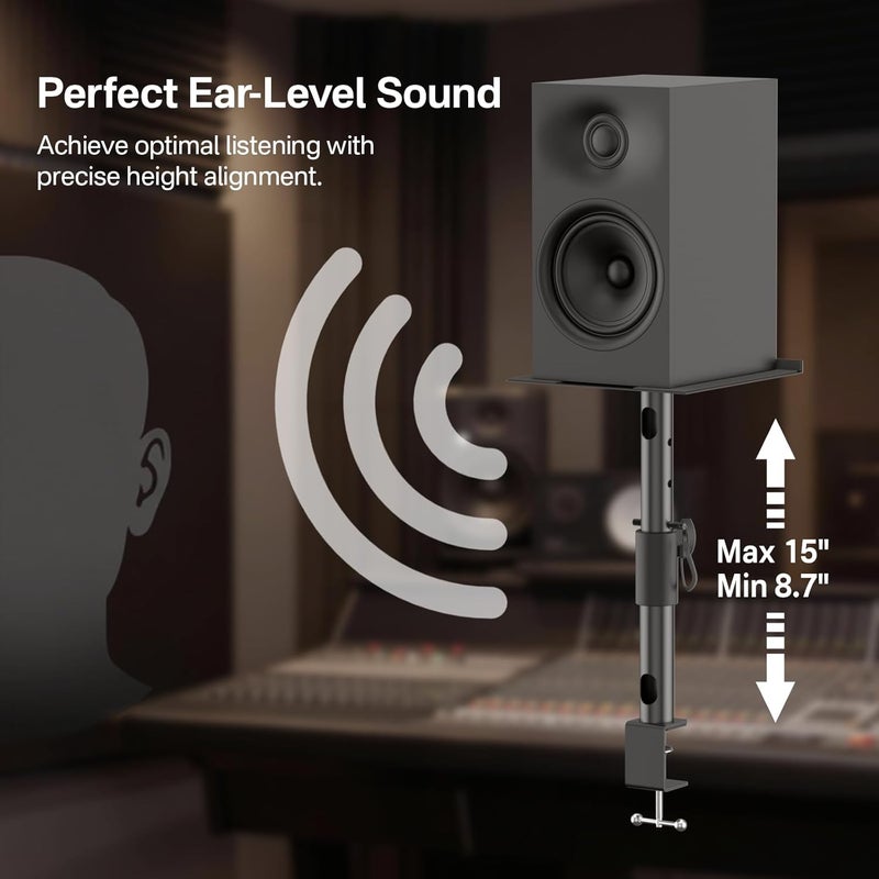 Yibracki أرفف مكبرات الصوت الاستوديوية من ماركات PreSonus، JBL Nano K، وغيرها؛ تتميز بإمكانية تعديل الارتفاع والميل والدوران. كما تتوفر أرفف مكبرات الصوت للمكاتب أو الرفوف الكتابية من ماركات KRK، Klipsch، Polk، وغيرها، بالإضافة إلى حامل للسماعات الرأسية. - Image 5