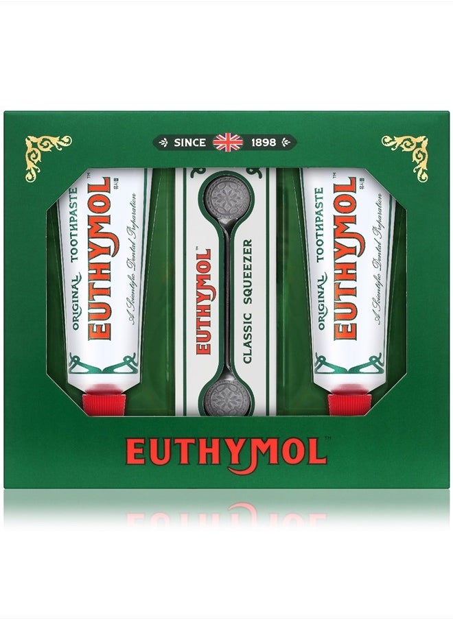 Euthymol EUTHYMOL Original Toothpaste Set (Gift Set, 3.7fl oz*2, Sqeezer Set) - Fluoride-Free for Sensitive Teeth & Gum. Bad Breath, Cavity Prevention, 12-Hour Long Lasting Freshness with Wintergreen  - Image 1