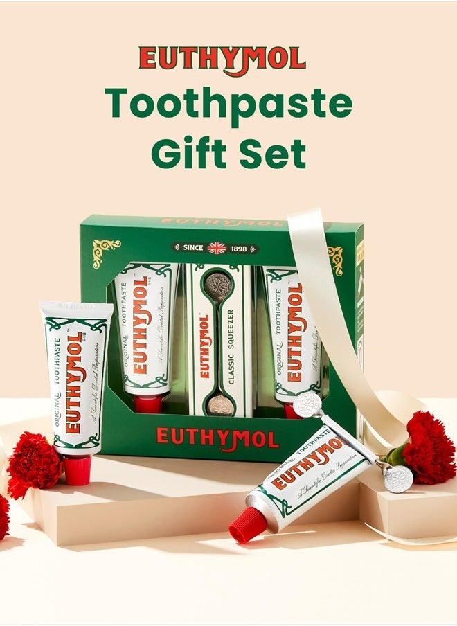 Euthymol EUTHYMOL Original Toothpaste Set (Gift Set, 3.7fl oz*2, Sqeezer Set) - Fluoride-Free for Sensitive Teeth & Gum. Bad Breath, Cavity Prevention, 12-Hour Long Lasting Freshness with Wintergreen  - Image 2