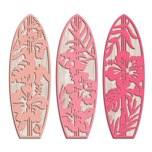 VGICH Hibiscus Surfboard Wall Decor 12" x 4" - 3 Piece Beach Wall Decor, Wooden Beach Wall Art for Bedroom, Tropical Decor for Living Room(Pink) - Image 1