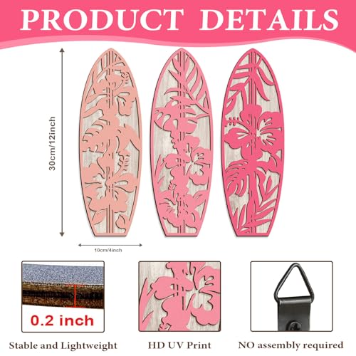 VGICH Hibiscus Surfboard Wall Decor 12" x 4" - 3 Piece Beach Wall Decor, Wooden Beach Wall Art for Bedroom, Tropical Decor for Living Room(Pink) - Image 3