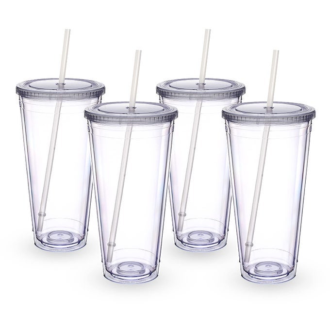 CLEAR ACRYLIC TUMBLER WITH STRAW AND LID 32 OZ DOUBLE WALLED INSULATED REUSABLE PLASTIC ICED COFFEE CUP TO GO CUP PERFECT FOR PARTIES BIRTHDAYS FIT IN CUPHOLDER BPA FREE CLEAR 4 PACK