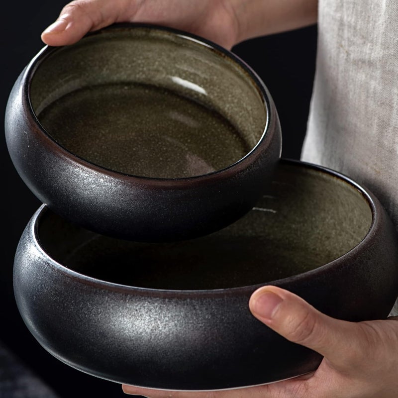 Uaral Ceramic Salad Bowls Set18 Ounce Black Shallow Bowl Set for PastaDessert or Appetizer65inchSet of 2Black and Green - Image 3