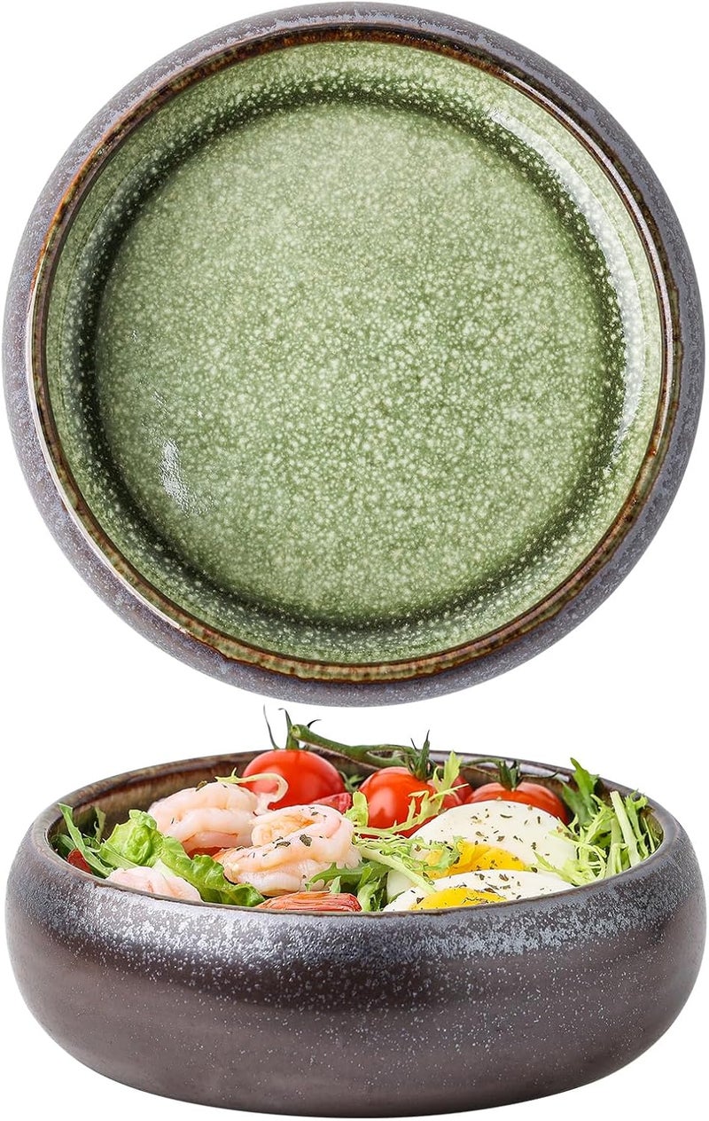Uaral Ceramic Salad Bowls Set18 Ounce Black Shallow Bowl Set for PastaDessert or Appetizer65inchSet of 2Black and Green - Image 1