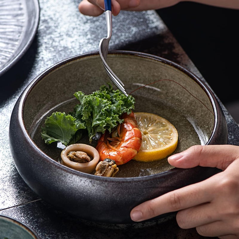 Uaral Ceramic Salad Bowls Set18 Ounce Black Shallow Bowl Set for PastaDessert or Appetizer65inchSet of 2Black and Green - Image 2