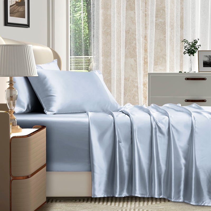 Homiest 4pcs Extra Deep Pocket Satin Sheets King Size Bed Set  18-24 Inch Deep Pocket Bed Sheets Baby Blue Satin Sheet Set  Silky Satin Bedding Set Luxury Fitted Sheet Set Fits Ultra Deep Mattress - Image 3