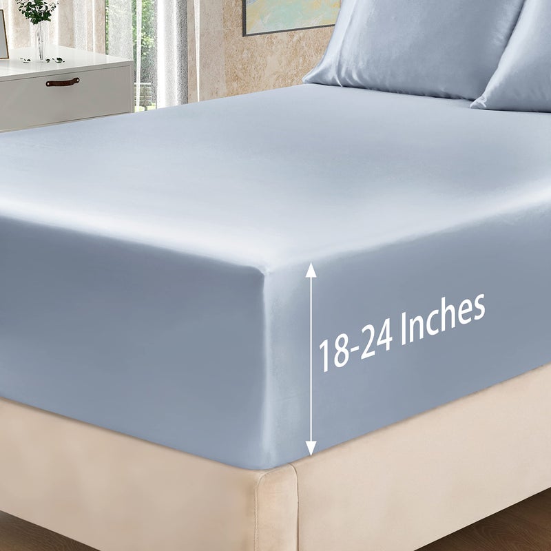 Homiest 4pcs Extra Deep Pocket Satin Sheets King Size Bed Set  18-24 Inch Deep Pocket Bed Sheets Baby Blue Satin Sheet Set  Silky Satin Bedding Set Luxury Fitted Sheet Set Fits Ultra Deep Mattress - Image 4