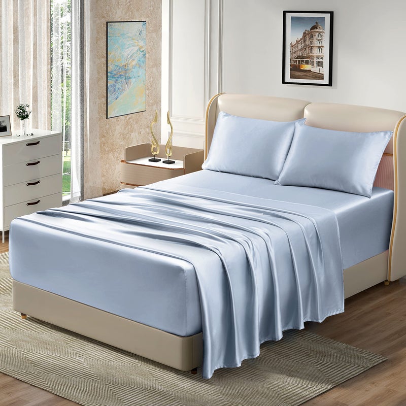 Homiest 4pcs Extra Deep Pocket Satin Sheets King Size Bed Set  18-24 Inch Deep Pocket Bed Sheets Baby Blue Satin Sheet Set  Silky Satin Bedding Set Luxury Fitted Sheet Set Fits Ultra Deep Mattress - Image 1