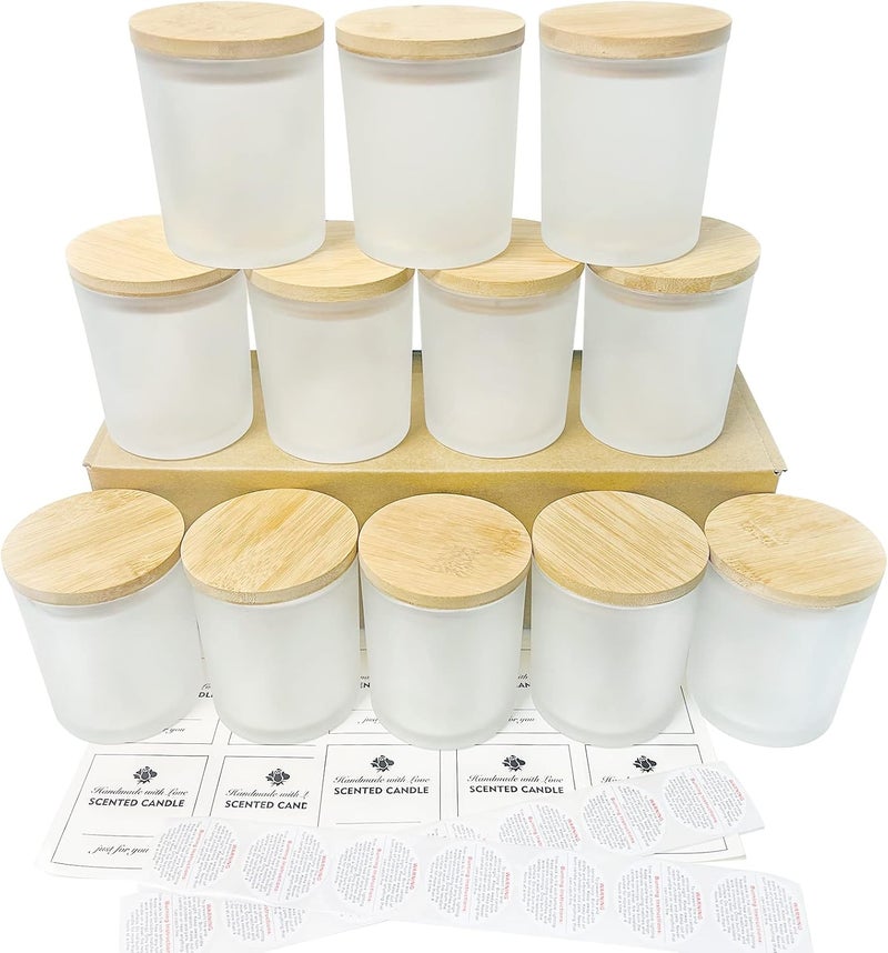 CONNOO 12Pack 10 oz Frosted Glass Candle Jars with Bamboo Lids for Making Candles Empty Candle Tins with Wooden Lids, Bulk Clean Candle Containers - Dishwasher Safe - Image 1