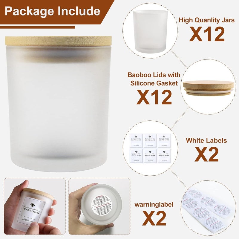 CONNOO 12Pack 10 oz Frosted Glass Candle Jars with Bamboo Lids for Making Candles Empty Candle Tins with Wooden Lids, Bulk Clean Candle Containers - Dishwasher Safe - Image 3
