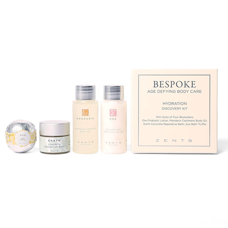 Zents Hydration 4pc Mini Set Age defying Best Sellers Hydration Kit with Ore Probiotic Lotion Mandarin Body Oil Earth Reparative Balm Sun Bath Bomb - Image 1