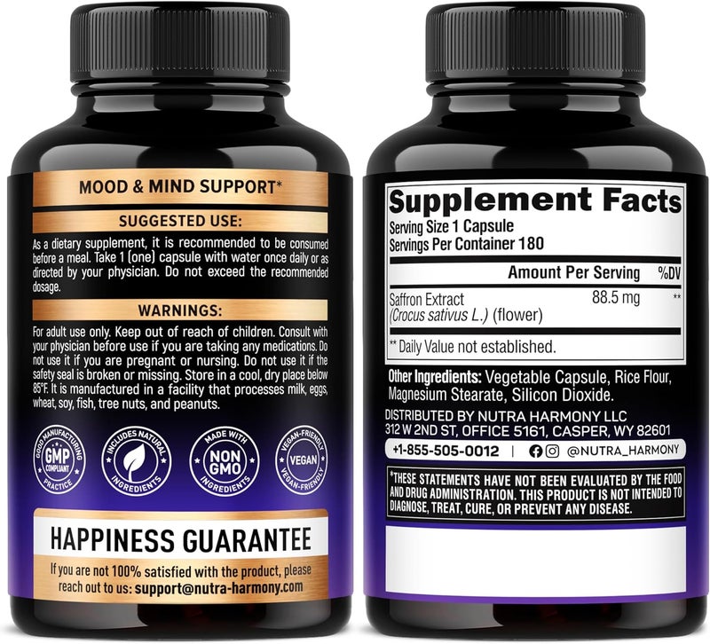 NUTRAHARMONY Natural Saffron Supplements  Pure Saffron Extract 885 mg  Made in USA  Mood  Focus  Vision  Energy Support  Eye Health for Women  Men  NonGMO Vegan Pills  180 Powder Capsules - Image 2