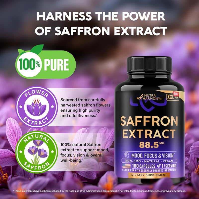NUTRAHARMONY Natural Saffron Supplements  Pure Saffron Extract 885 mg  Made in USA  Mood  Focus  Vision  Energy Support  Eye Health for Women  Men  NonGMO Vegan Pills  180 Powder Capsules - Image 4