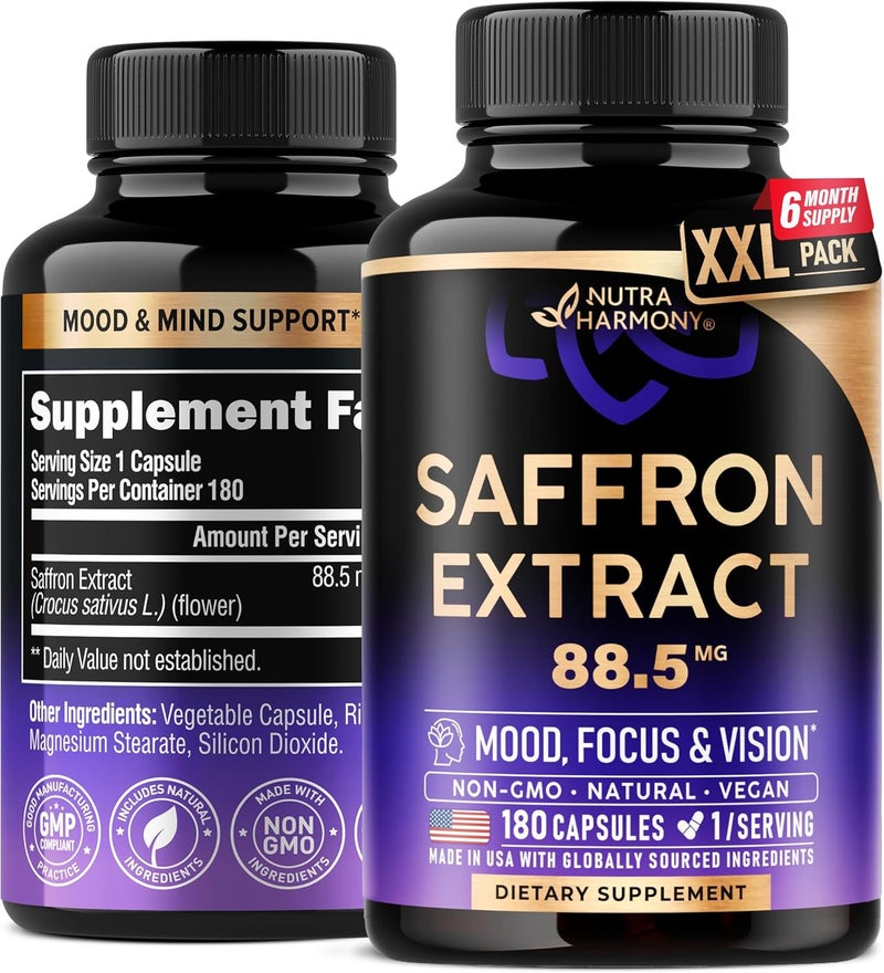 NUTRAHARMONY Natural Saffron Supplements  Pure Saffron Extract 885 mg  Made in USA  Mood  Focus  Vision  Energy Support  Eye Health for Women  Men  NonGMO Vegan Pills  180 Powder Capsules - Image 1