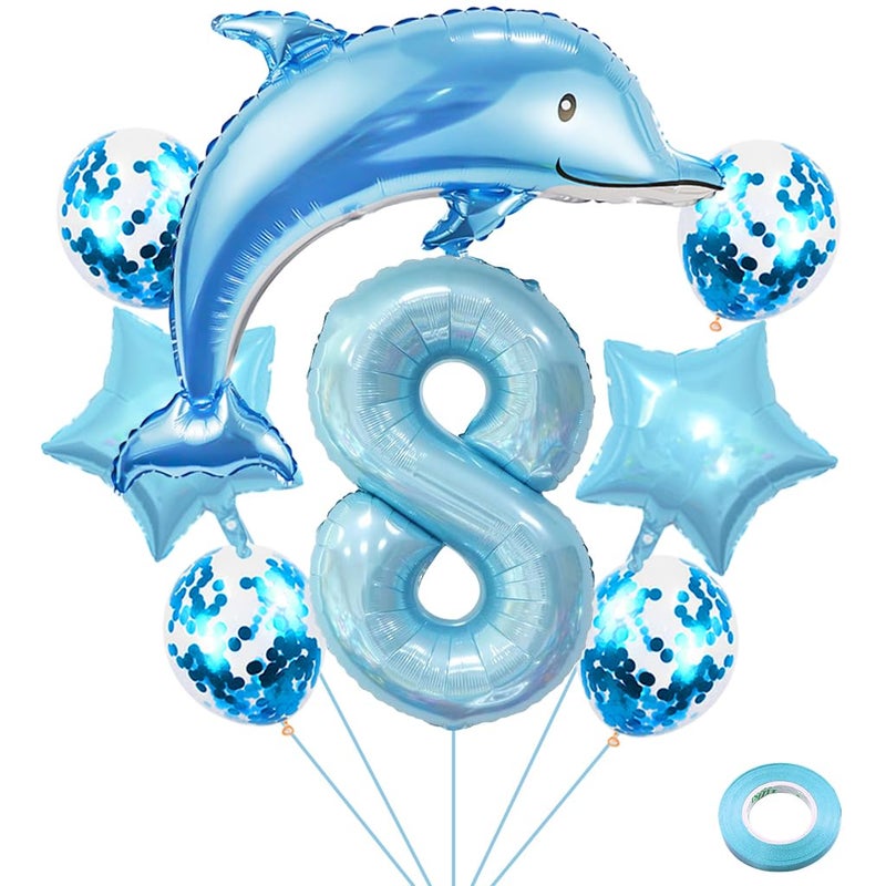 Weenkeey 8th Dolphin Birthday Balloons Giant Dolphin Aluminum Foil Balloon Number 8 Mylar Balloon Ocean Animals Balloons for Ocean Theme Party Supplies Boys Birthday Dcor Light Blue