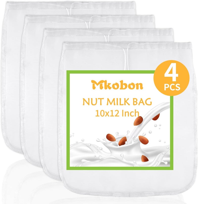 Mkobon 4 Pcs 10" x 12" Nut Milk Bag, Fine Mesh Nylon Cheese Cloth Bag for Straining, Reusable Strainer Bags for Almond Milk, Yogurt, Juice, Cheese Making, Cold Brew Coffee, Beer Tea - Image 1