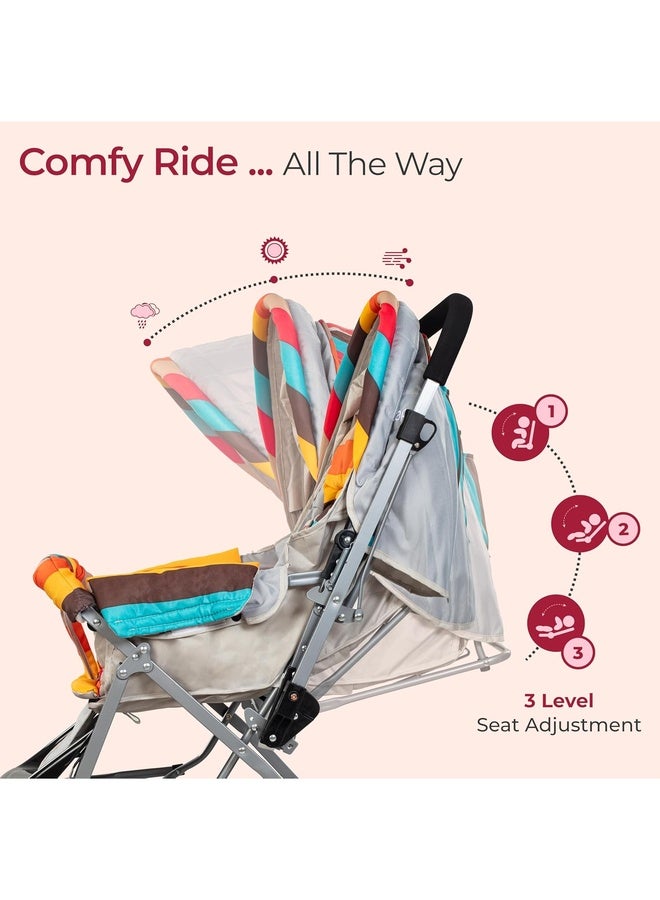Luvlap Sunshine Baby Stroller/Pram for 0 to 3 Years, New Born/Toddler/Kid, 5 Point Safety Harness, Adjustable backrest, 360° Swivel Wheel, Large Storage Basket, Reversible Handlebar (Stripes) - Image 4
