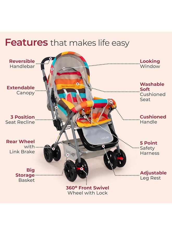 Luvlap Sunshine Baby Stroller/Pram for 0 to 3 Years, New Born/Toddler/Kid, 5 Point Safety Harness, Adjustable backrest, 360° Swivel Wheel, Large Storage Basket, Reversible Handlebar (Stripes) - Image 2