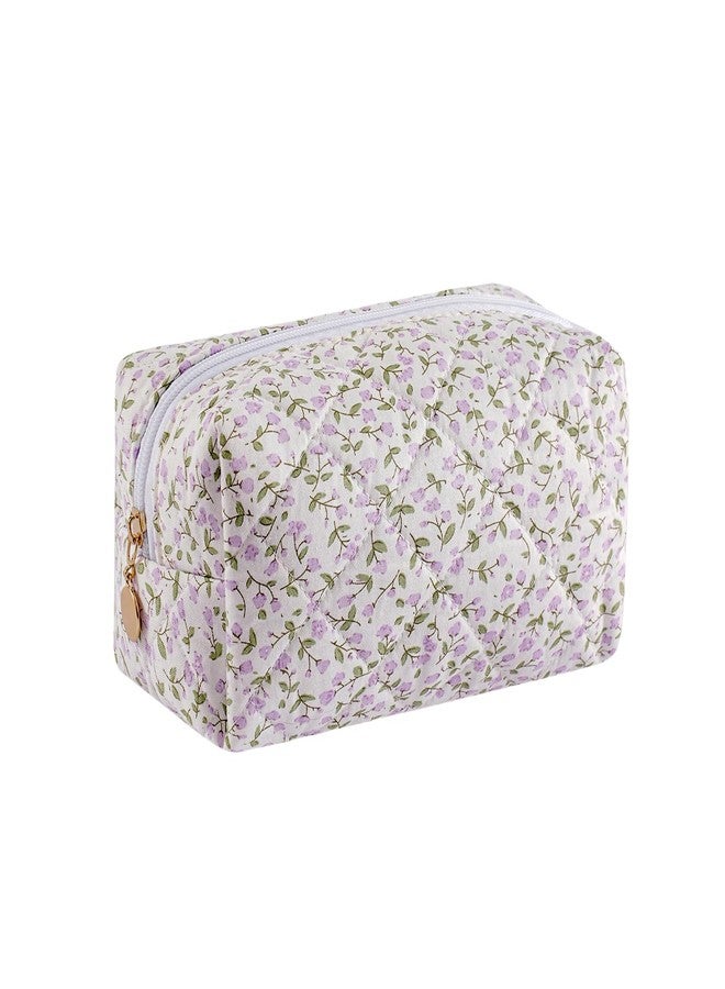 WHHJM Cute Floral Makeup Bag Small Cotton Quilted Cosmetic Bag, Aesthetic Essential Bag Toiletry Period Bag for Women Travel Accessories (Purple Flowers) - Image 1